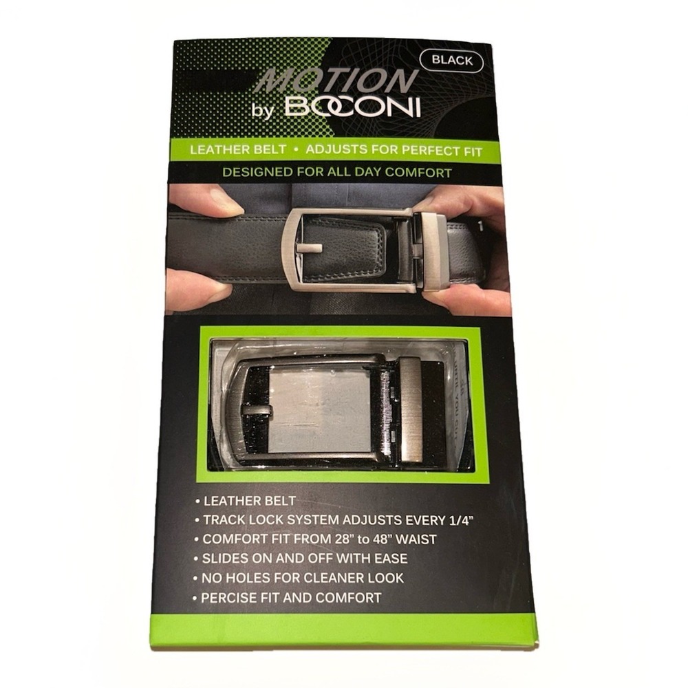 Boconi Motion Mens Black Leather Ratchet Belt Track Lock‎ Adjustable 28-48 Waist